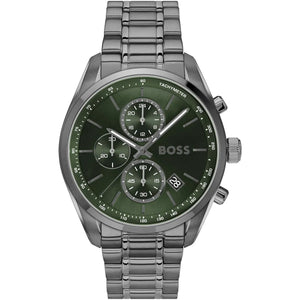 Authentic real-life photo of Hugo Boss 1514228 showing actual gunmetal finish and green dial