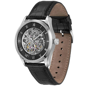 Right angled view of Hugo Boss Principe 1514234 men's automatic watch highlighting silver case and mechanical movement details