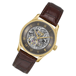 Left angled view of Hugo Boss Principe 1514235 men's automatic watch showing brown leather strap and gold-tone case profile