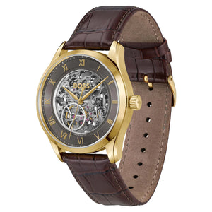 Right angled view of Hugo Boss Principe 1514235 men's automatic watch highlighting gold case and mechanical movement details