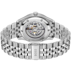 Back view photo of Hugo Boss 1514236 showing the exhibition caseback showing automatic gears