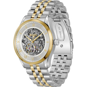 Angled real-life photo of Hugo Boss 1514237 showing the polished gold-tone bezel and silver case