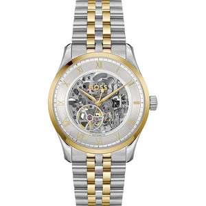 Authentic real-life photo of Hugo Boss 1514237 showing actual two-tone skeleton design and gold bezel