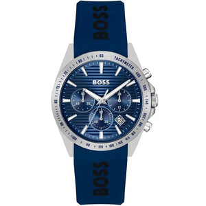 Authentic real-life photo of Hugo Boss 1514239 showing actual blue rubber strap and textured blue dial