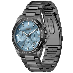 Angled real-life photo of Hugo Boss 1514242 showing the polished gunmetal case and blue dial