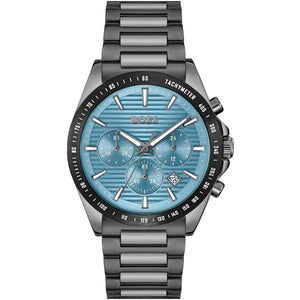 Authentic real-life photo of Hugo Boss 1514242 showing actual gunmetal finish and light blue dial