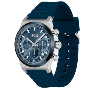 Angled real-life photo of Hugo Boss 1514243 showing the silver case and blue rubber strap