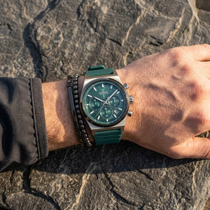 Close up shot of Hugo Boss 1514244 on wrist showing chronograph sub-dials and luminous hands