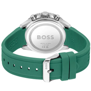 Caseback of Hugo Boss Runner 1514246 showing technical specs black dial and green rubber strap 50m water resistant