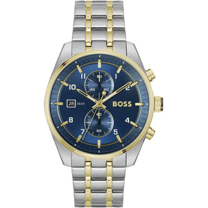 Authentic real-life photo of Boss Skytraveller 1514247 showing the two-tone silver and gold bracelet and blue chronograph dial from Luxury Hub Store