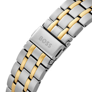 Close up photo of the polished and brushed two-tone stainless steel link bracelet on the Boss 1514247 from Luxury Hub Store