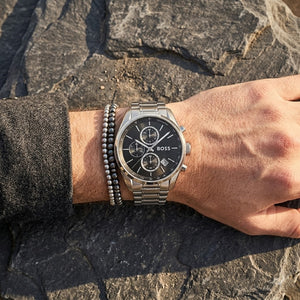 Close up shot of Hugo Boss 1514251 on wrist showing black dial and silver sub-dials