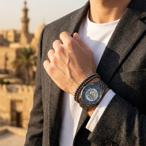 Lifestyle photo of Hugo Boss 1514254 showing the bold gunmetal automatic watch on a man's wrist