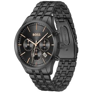 Angled real-life photo of Hugo Boss 1514256 showing the polished black case and rose gold detail