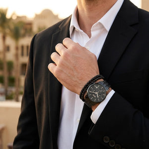 Lifestyle photo of Hugo Boss 1514256 showing the bold all-black watch on a man's wrist