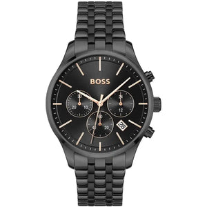 Authentic real-life photo of Hugo Boss 1514256 showing actual all-black finish and rose gold accents
