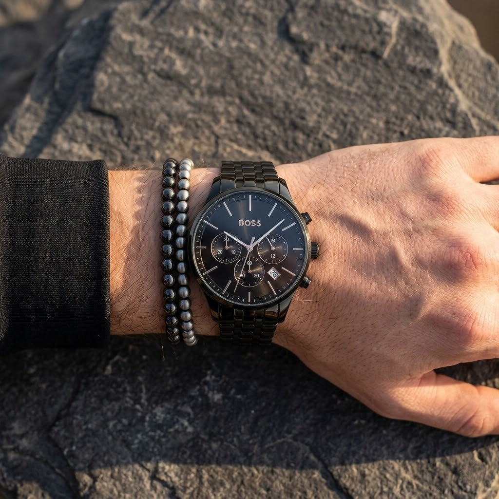 Close up shot of Hugo Boss 1514256 on wrist showing black sunray dial and rose gold-tone hands