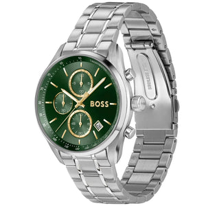 Angled real-life photo of Hugo Boss 1514265 showing the polished silver case and green dial