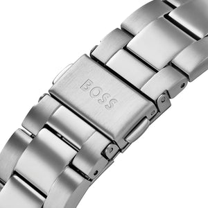 Silver-tone deployment clasp on Hugo Boss Hero 1514267 men's quartz battery silver metal bracelet watch