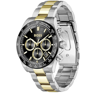 Right angled view of Hugo Boss Hero 1514269 men's quartz battery watch highlighting two-tone finish and black bezel details