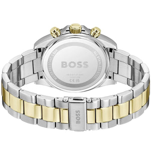 Caseback of Hugo Boss Hero 1514269 men's quartz battery watch showing technical specs 50m water resistance and metal strap