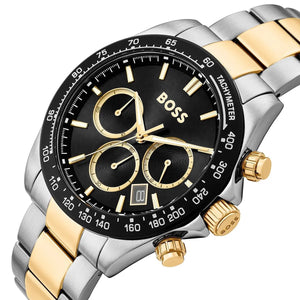 Two-tone silver and gold watch with black dial