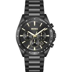 Authentic real-life photo of Hugo Boss 1514291 showing actual all-black finish and gold accents