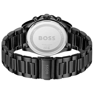 Black BOSS watch with a detailed band on a white background