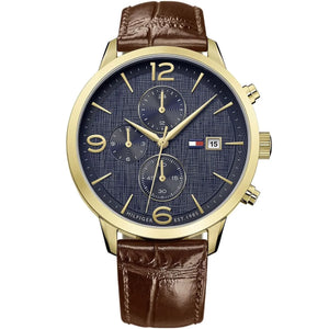 Tommy Hilfiger Liam 1710359 men's quartz battery watch with blue dial, gold-tone case, brown leather strap main view