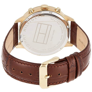 Caseback of Tommy Hilfiger Liam 1710359 men's quartz battery watch showing technical specs blue dial and leather strap