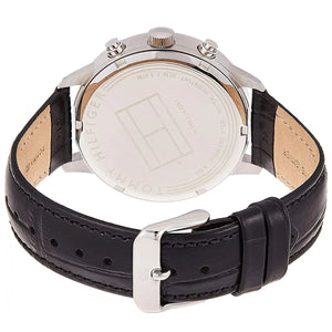 Caseback of Tommy Hilfiger Liam 1710361 men's quartz battery watch showing technical specs gray dial and leather strap