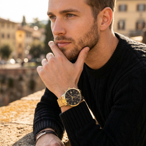 Elegant man wearing Tommy Hilfiger Liam 1710362 men's quartz battery watch with gold-tone case and luxury black dial