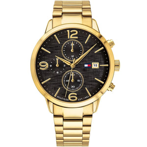 Tommy Hilfiger Liam 1710362 men's quartz battery watch with black dial, gold-tone case, gold stainless steel bracelet main view