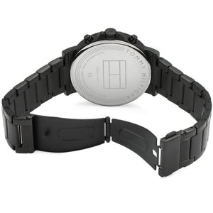 Black-tone deployment clasp on Tommy Hilfiger Daniel 1710383 men's quartz battery metal bracelet watch