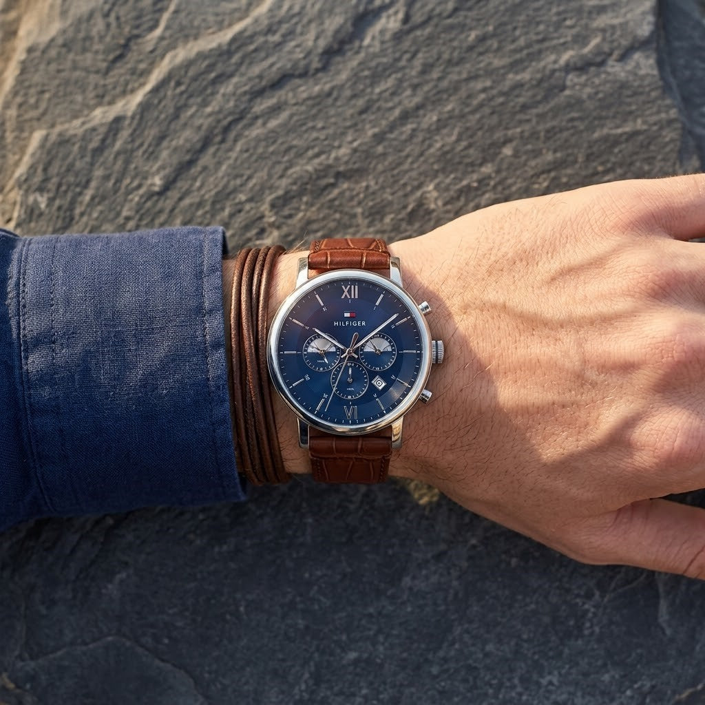 Close up of Tommy Hilfiger Evan 1710393 men's chronograph analog watch dial on wrist angled profile view showing distinct dynamic blue sunray dial luminous hands applied gold stick indices gold sub-dials minutes seconds 24-hour time date window dotted central minute track visual dynamic casual luxury jewelry-like appearance dynamic visual dynamic casually luxurious visual style visual dynamic visual dynamic casual luxury visual dynamic visual casual luxury