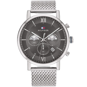 Tommy Hilfiger Evan 1710396 men's watch with silver case, gunmetal gray dial, Roman numerals, and silver mesh strap