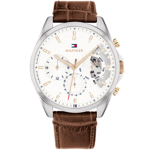 Tommy Hilfiger Baker 1710450 men's watch with silver case white skeleton dial and brown leather strap