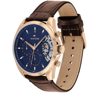 Side profile of the two-tone case and gold-tone textured crown of the Tommy Hilfiger 1710474