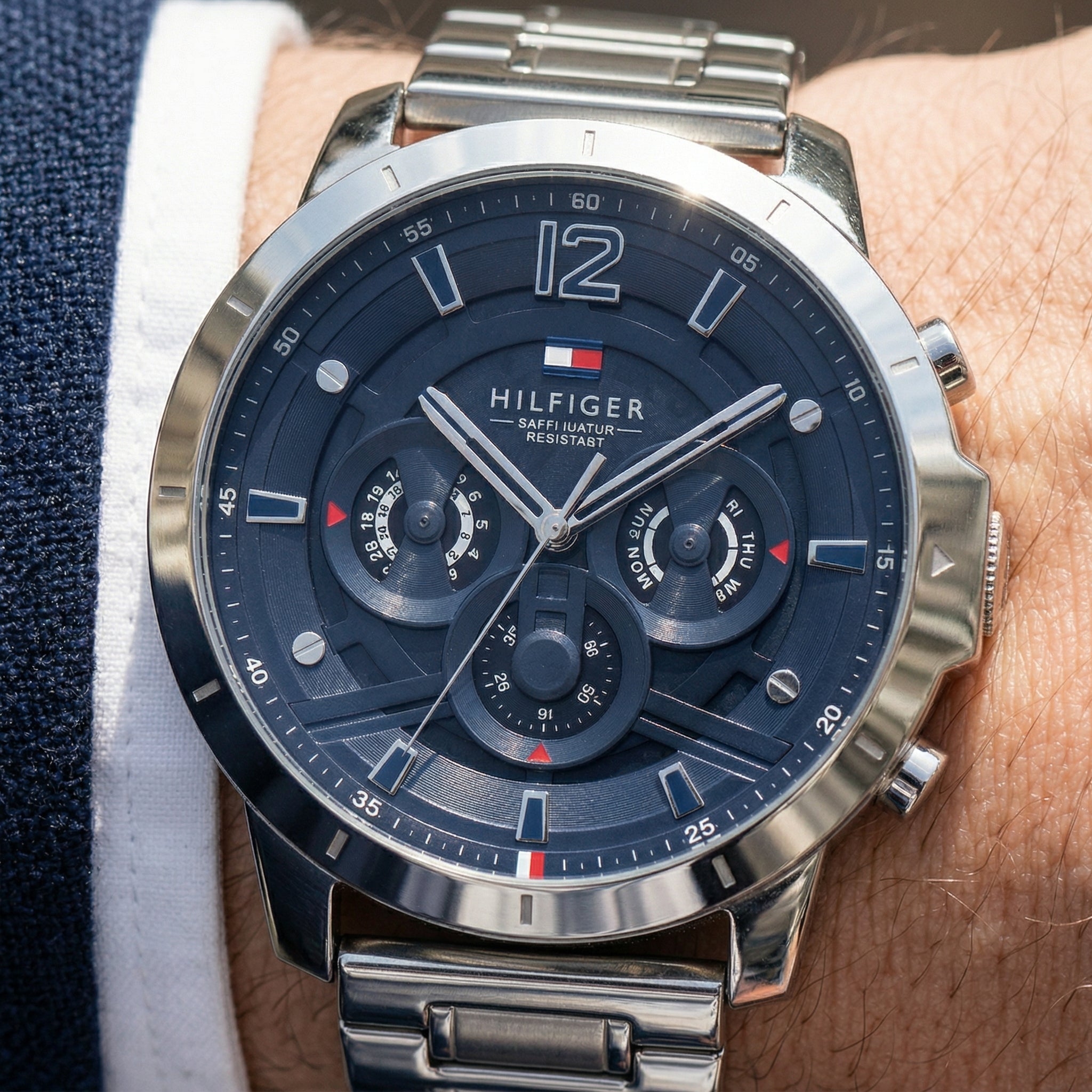Close up shot of Tommy Hilfiger 1710492 on wrist showing blue dial and sub-dial counters