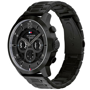 Angled real-life photo of Tommy Hilfiger 1710494 showing the black case and link strap