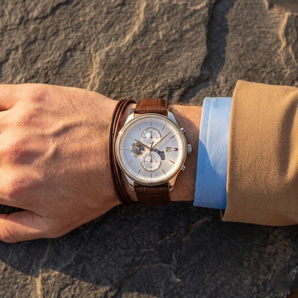 Close up shot of Tommy Hilfiger 1710501 on wrist showing silver dial and gold accents