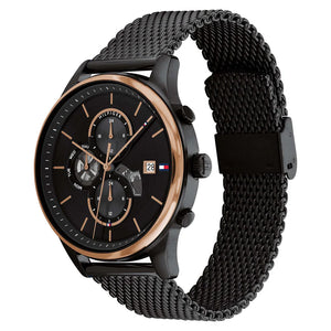 Angled real-life photo of Tommy Hilfiger 1710505 showing the black case and mesh texture