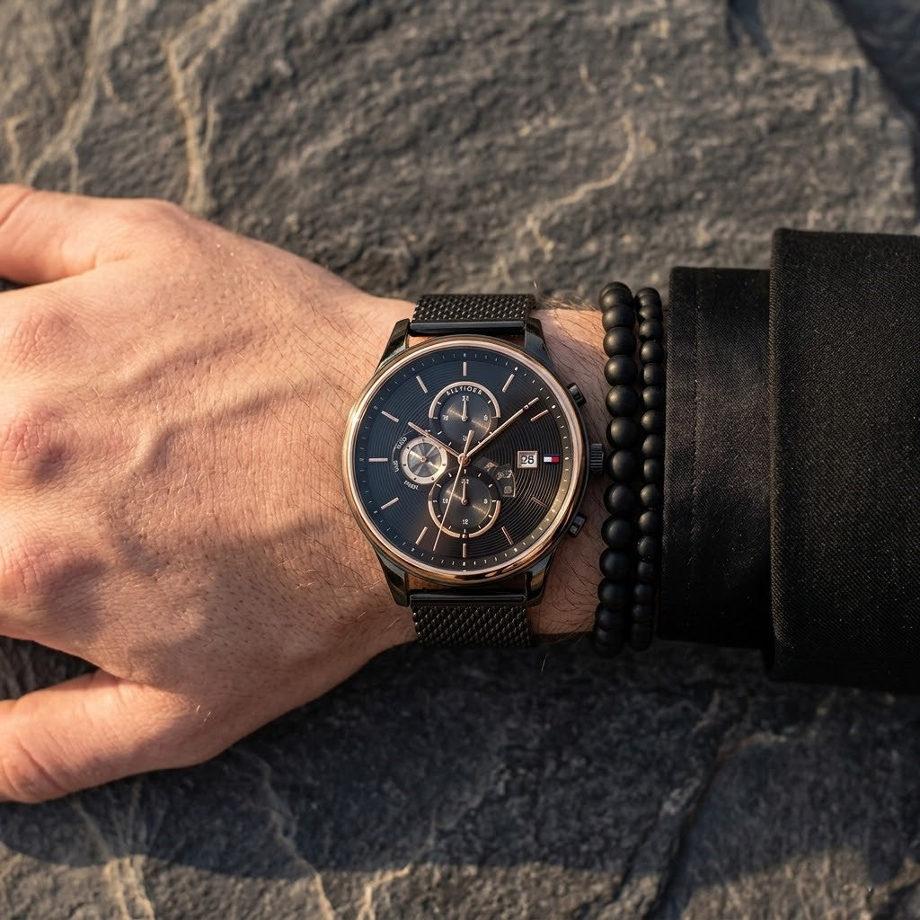 Close up shot of Tommy Hilfiger 1710505 on wrist showing black dial and rose gold accents