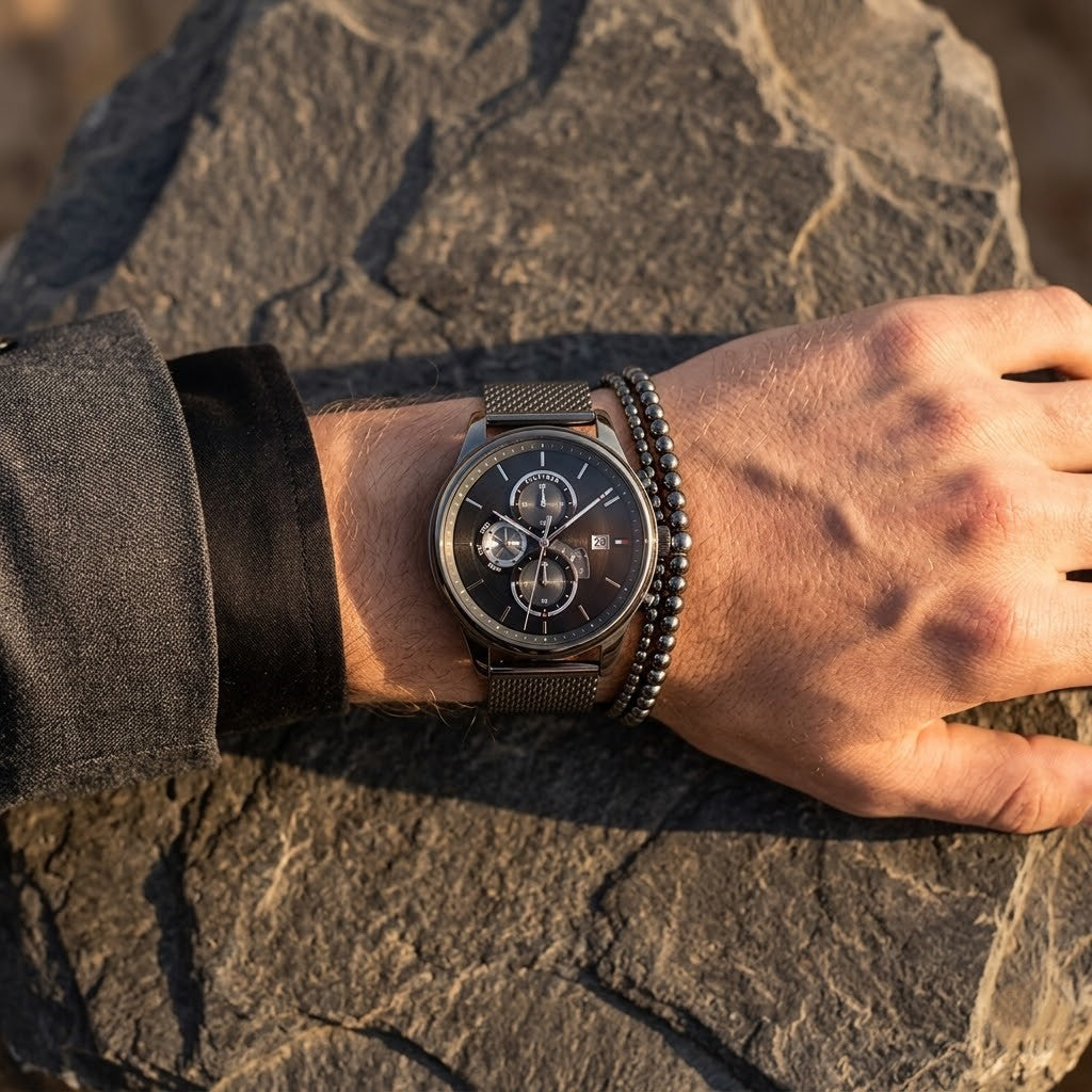 Hand wearing a watch on a stone surface