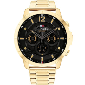 Tommy Hilfiger Luca 1710511 men's quartz battery watch with black dial, gold-tone case, gold stainless steel bracelet main view