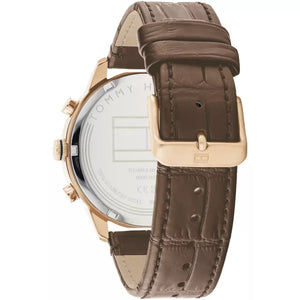 Gold-tone buckle clasp on Tommy Hilfiger Morrison 1710526 men's quartz battery brown leather strap watch