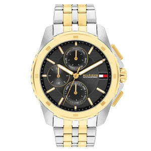 Tommy Hilfiger Walker 1710621 men's watch featuring a two-tone silver and gold stainless steel case, textured black multi-function dial