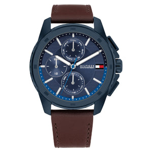 Tommy Hilfiger Larsen 171063 men's watch featuring a blue ion-plated stainless steel case, textured blue multi-function dial, and brown leather strap