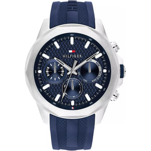 Tommy Hilfiger Lars 1710649 men's quartz battery watch with navy blue textured dial, multi-function sub-dials, silver-tone case, blue rubber strap main view