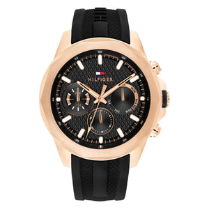 Tommy Hilfiger Lars 1710650 men's quartz battery watch with black textured dial, multi-function sub-dials, rose gold-tone case, black rubber strap main view